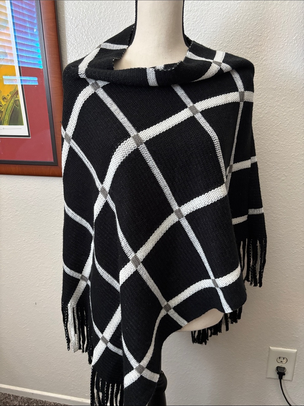 Black & White Knit Poncho Sweater